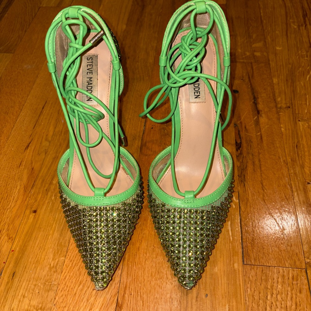Steve Madden Green Crystal-Embellished Pointed Lace-Up Heels